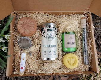 Artisan Crafted "Chill Out" Gift Set: Organic Herbal Blend, Candle, Bath Salt, Soap, Infuser