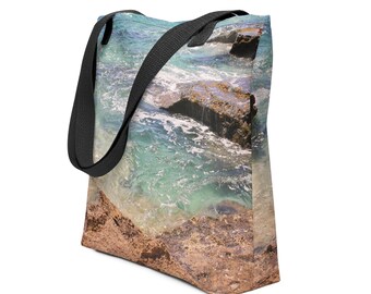 Bolso de mano de la playa de Yokohama, Hawái, con estampado integral de fotografía oceánica.
