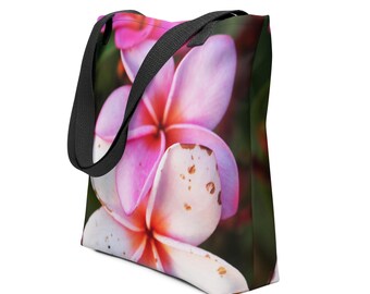 Bolso tote de plumeria hawaiana, bolso de playa tropical de Honolulu, bolso tote de flores hawaianas, bolso de plumeria rosa, regalo isleño, bolso de vacaciones en Hawái