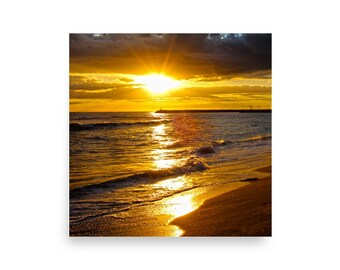 Póster de playa con puesta de sol en Hawái, arte mural del océano en la hora dorada, lámina fotográfica de playa tropical, decoración costera hawaiana