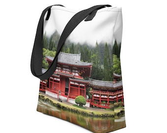 Bolso de lona con diseño de templo japonés - Bolso de hombro de viaje con fotografía original, regalo de recuerdo de Oahu, Hawái, bolso de arte paisajístico