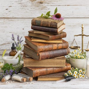 Könnte beinhalten: Ein Stapel verwitterter, brauner ledergebundener Bücher, gekrönt von einem violetten Sonnenhut. Um die Bücher herum stehen Glasfläschchen mit weißen Kügelchen, ein Mörser, Lavendelzweige, Kamillenblüten und eine goldene Waage aus Messing.