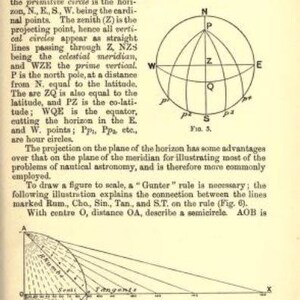 May include: A page from a technical book titled PROJECTIONS, featuring two black and white diagrams. Fig. 5 shows a circular projection with cardinal points N, E, S, W and celestial lines. Fig. 6 displays a geometric semicircle with labeled lines.