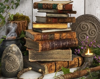 May include: A stack of weathered, antique hardcover books with worn leather spines and gold-gilded edges. Beside the books sits a grey stone carved with a triskele symbol, a gold-toned braided metal cuff, a lit candle, and a wooden staff.