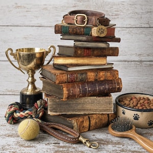 May include: A stack of vintage books topped with a brown leather collar featuring a brass buckle and a paw print charm. Beside the books are a gold trophy, a multi-colored rope toy, a yellow tennis ball, a brown leash, and a bowl of pet food.