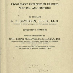 May include: A title page from the 1916 twentieth edition of An Introductory Hebrew Grammar by A. B. Davidson, revised by John Edgar McFadyen. The text is printed in black ink on a light beige page, published by T. & T. Clark in Edinburgh.