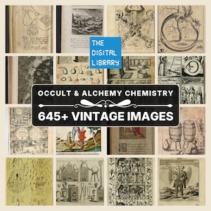 Könnte beinhalten: Eine Sammlung von über 645 Vintage-Bildern zu den Themen Okkultismus und Alchemie. Das Raster zeigt verschiedene historische Illustrationen, darunter Laborausrüstung, Fabelwesen und symbolische Diagramme mit dem Text THE DIGITAL LIBRARY.