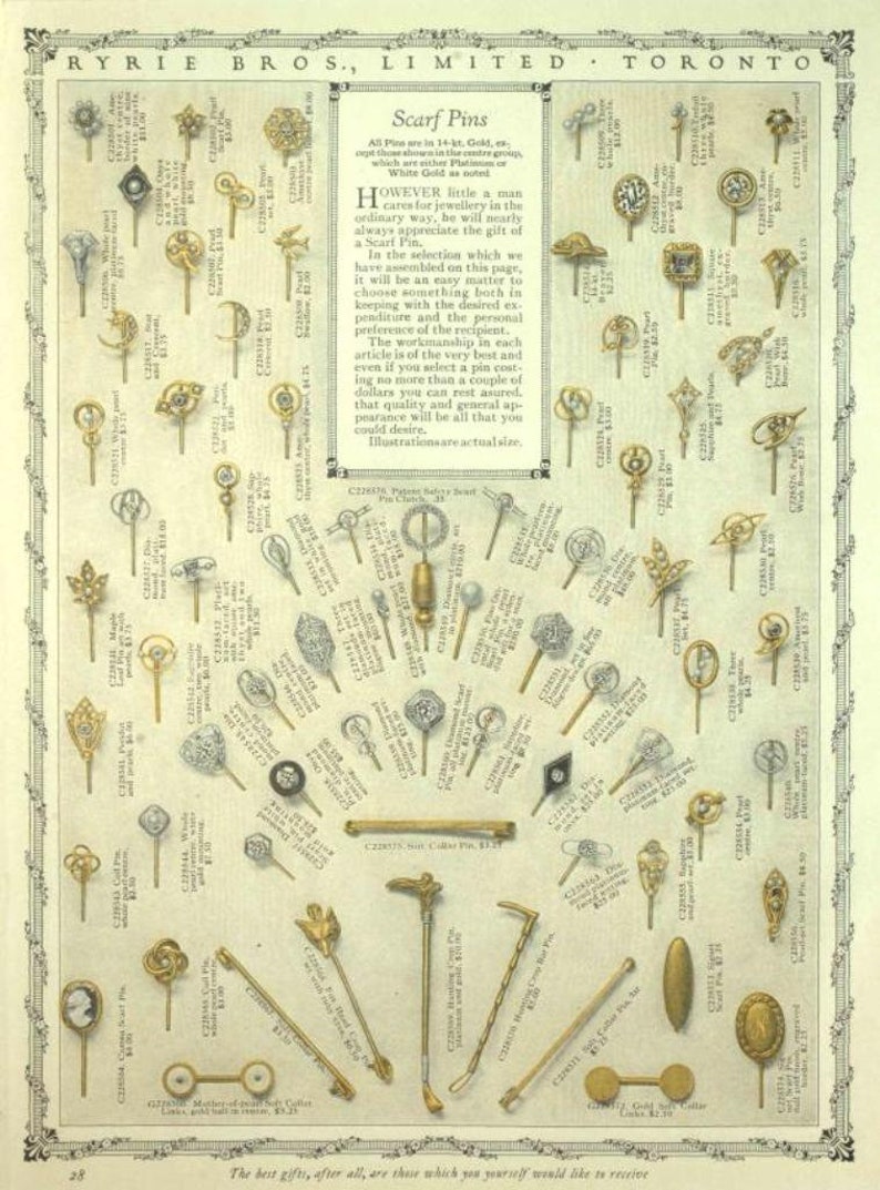 May include: A page from a vintage catalog featuring a variety of gold and silver scarf pins. The pins are displayed in rows and columns, and each pin is labeled with a description and price. The catalog page is titled "Scarf Pins" and includes the text "All Pins are in 14-kt. Gold, except those shown in the centre group, which are either Platinum or White Gold as noted."