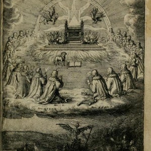 Op de afbeelding: Een zwart-witte gravure die een religieuze sc&egrave;ne voorstelt met een troon, een lam en figuren die knielen in gebed. De tekst "Rev. 4. 6. 7. 8." en "Rev. 5. 6. 7. 8." is zichtbaar in de afbeelding.