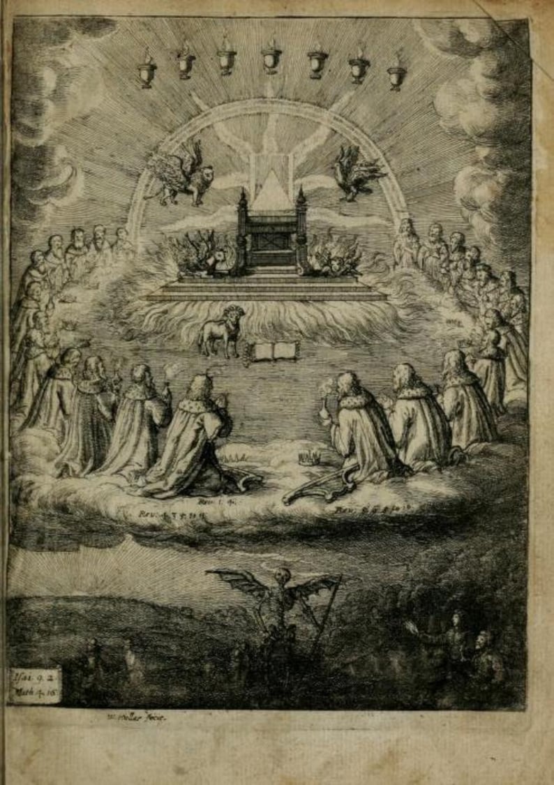 Op de afbeelding: Een zwart-witte gravure die een religieuze sc&egrave;ne voorstelt met een troon, een lam en figuren die knielen in gebed. De tekst "Rev. 4. 6. 7. 8." en "Rev. 5. 6. 7. 8." is zichtbaar in de afbeelding.