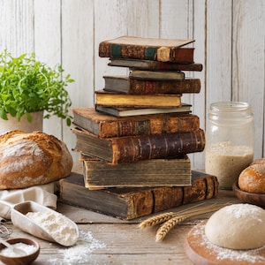 Op de afbeelding: Een verticale stapel van acht antieke hardcover boeken met versleten bruine en donkere leren ruggen. De boeken zijn in een kolom gerangschikt en tonen verouderde pagina's en gestructureerde kaften, naast een brood en deeg.