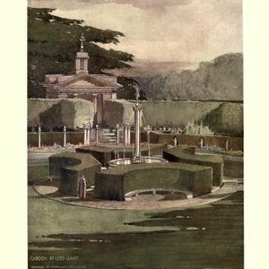 May include: A watercolor painting of a garden with a fountain and a building in the background. The garden is surrounded by hedges and trees. The fountain is in the center of the garden and is surrounded by water. The building is in the background and is a white building with a red roof.