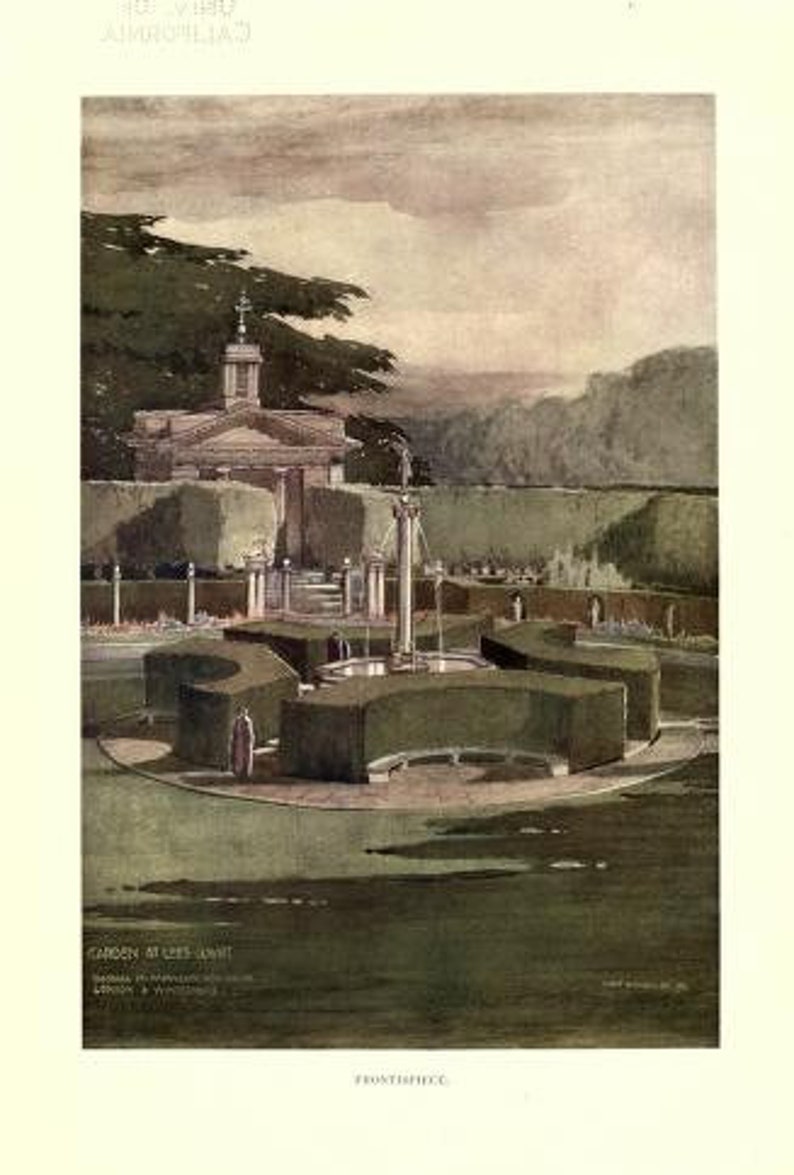 May include: A watercolor painting of a garden with a fountain and a building in the background. The garden is surrounded by hedges and trees. The fountain is in the center of the garden and is surrounded by water. The building is in the background and is a white building with a red roof.