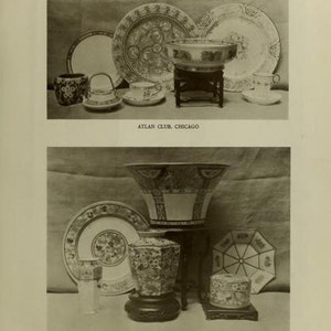 May include: A black and white archival photograph from Keramic Studio featuring two groupings of ceramic pottery. The top section displays plates, a bowl on a stand, a teapot, and cups. The bottom section shows a large vase, plates, and jars.