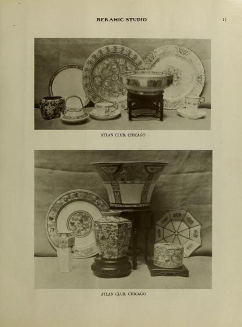 May include: A black and white archival photograph from Keramic Studio featuring two groupings of ceramic pottery. The top section displays plates, a bowl on a stand, a teapot, and cups. The bottom section shows a large vase, plates, and jars.