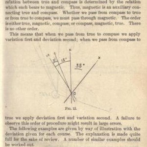 May include: A page from a book titled Aerial Navigation, page 15, featuring the text Relation Between True and Compass Courses. It includes a diagram labeled Fig. 12 showing intersecting lines and angles marked 3 degrees, 15 degrees, and 35 degrees.