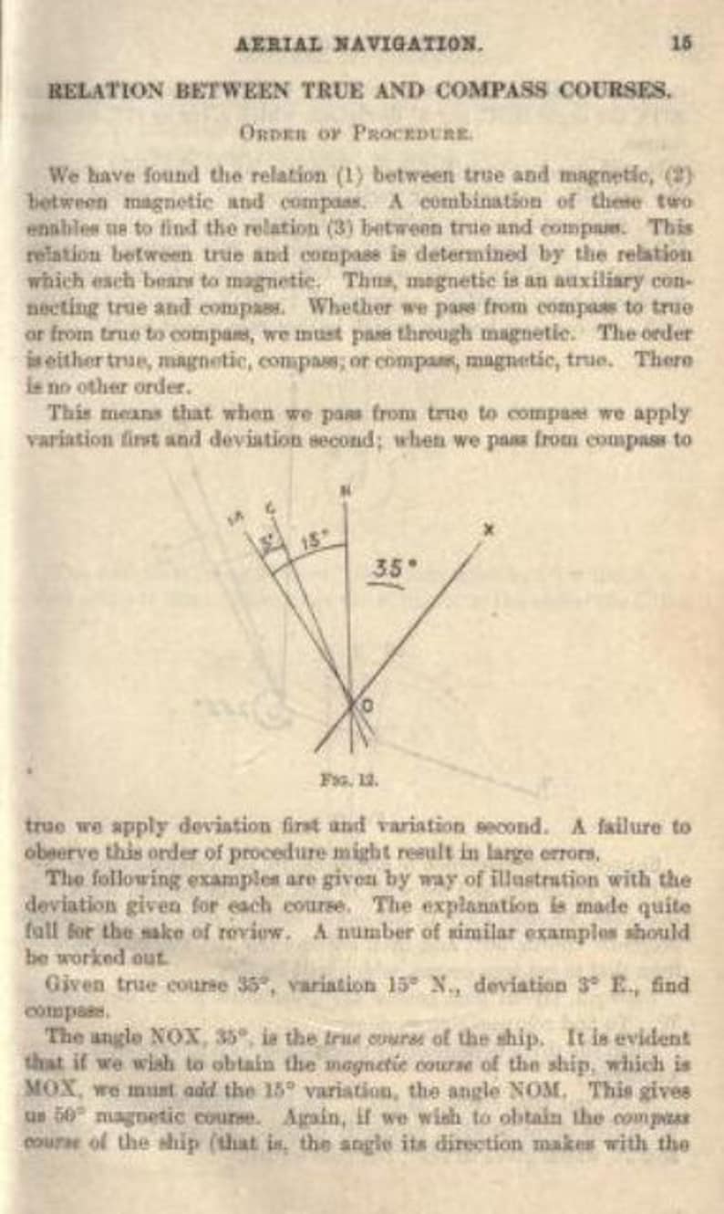 May include: A page from a book titled Aerial Navigation, page 15, featuring the text Relation Between True and Compass Courses. It includes a diagram labeled Fig. 12 showing intersecting lines and angles marked 3 degrees, 15 degrees, and 35 degrees.
