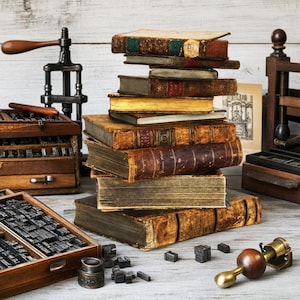 Könnte beinhalten: Ein vertikaler Stapel antiker, verwitterter Hardcover-Bücher mit abgenutzten Lederrücken und gealterten Seiten, umgeben von alter Druckereiausrüstung, darunter hölzerne Setzkästen, einzelne Metalllettern und ein Werkzeug aus Messing.