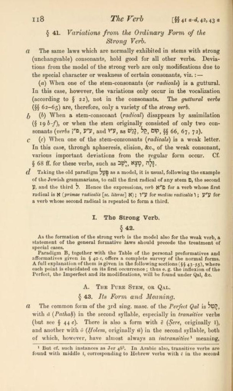 May include: A page from a linguistics textbook titled The Verb, numbered 118, featuring black printed text on a white background. The content details grammatical rules for strong and weak verbs, including sections 41, 42, and 43, with Hebrew characters.