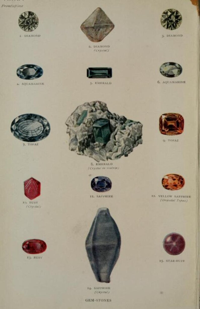 May include: A chart showing different types of gemstones, including diamond, emerald, ruby, sapphire, topaz, and aquamarine. The chart includes both cut and uncut gemstones.