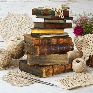 May include: A stack of antique leather-bound books with worn covers and gold-gilded edges, surrounded by beige crochet doilies, several balls of light tan yarn, a metal crochet hook, and a small bouquet of pink and dark red flowers.