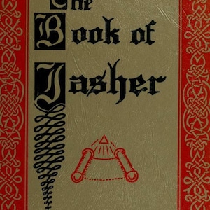 May include: A book cover with a tan background and a red border featuring an intricate Celtic knot pattern. The text reads The Book of Jasher in black gothic lettering. Below the text is a red line drawing of a pyramid with two scrolls.