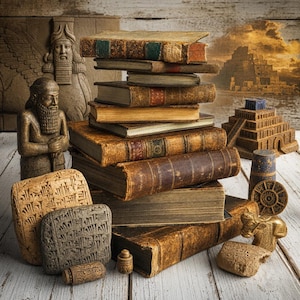 May include: A stack of weathered, leather-bound antique books sits alongside stone tablets with cuneiform inscriptions, a small statue of a bearded figure, a miniature ziggurat model, a circular calendar disc, and a small bull figurine.