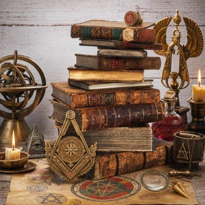 Op de afbeelding: Een stapel antieke in leer gebonden boeken ligt op een kaart met pentagrammen. Omringende voorwerpen zijn een messing armillarium, een goudkleurig maçonniek embleem, een piramide met een oog, een vergrootglas en brandende kaarsen.