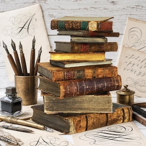 May include: A stack of antique leather-bound books with weathered spines and gold-gilded edges, accompanied by a brass pen holder containing four calligraphy nib pens, a glass inkwell, and several sheets of paper featuring ornate cursive calligraphy.