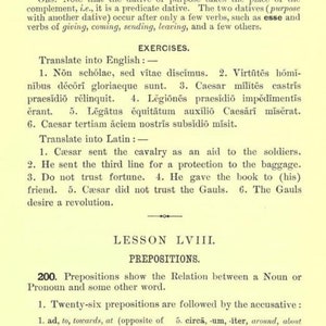 May include: A page from a textbook titled Prepositions, Lesson LVIII, numbered 171. The text includes Latin grammar exercises, translations, and a list of twenty-six prepositions followed by the accusative case, printed in black ink on a pale yellow page.
