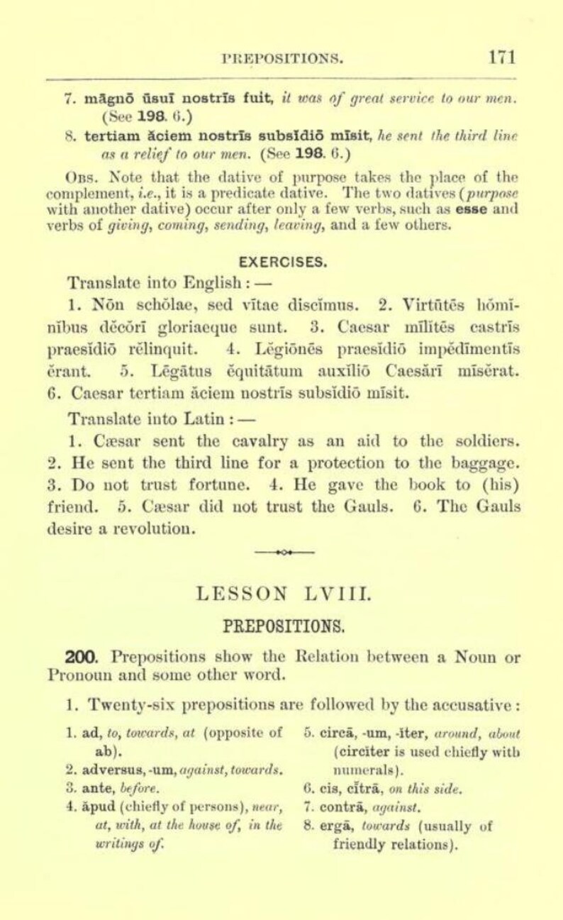 May include: A page from a textbook titled Prepositions, Lesson LVIII, numbered 171. The text includes Latin grammar exercises, translations, and a list of twenty-six prepositions followed by the accusative case, printed in black ink on a pale yellow page.