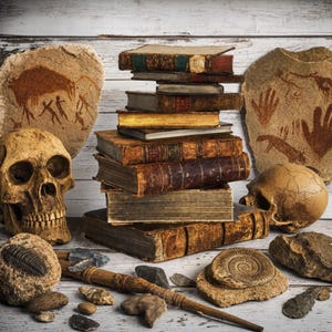 May include: A stack of weathered, antique leather-bound books positioned between two human skulls. To the left and right are stone slabs featuring prehistoric cave paintings. Scattered in the foreground are various fossils, including a trilobite and an ammonite, alongside several sharp, dark stone tools and a wooden rod.