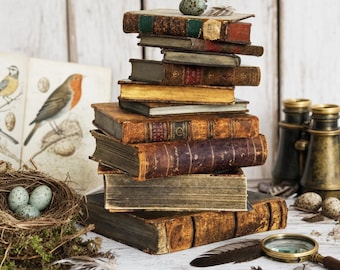 May include: A vertical stack of antique, weathered hardcover books with worn leather spines and aged pages. Beside the books sits a bird's nest containing three speckled eggs, a brass magnifying glass, two brass binoculars, and loose feathers.