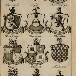 May include: A black and white historical print featuring twelve distinct heraldic coats of arms arranged in a grid. Each shield displays unique symbols, including lions, stars, and swords, with names like Cavendish, Cayley, and Chamberlayne printed below.