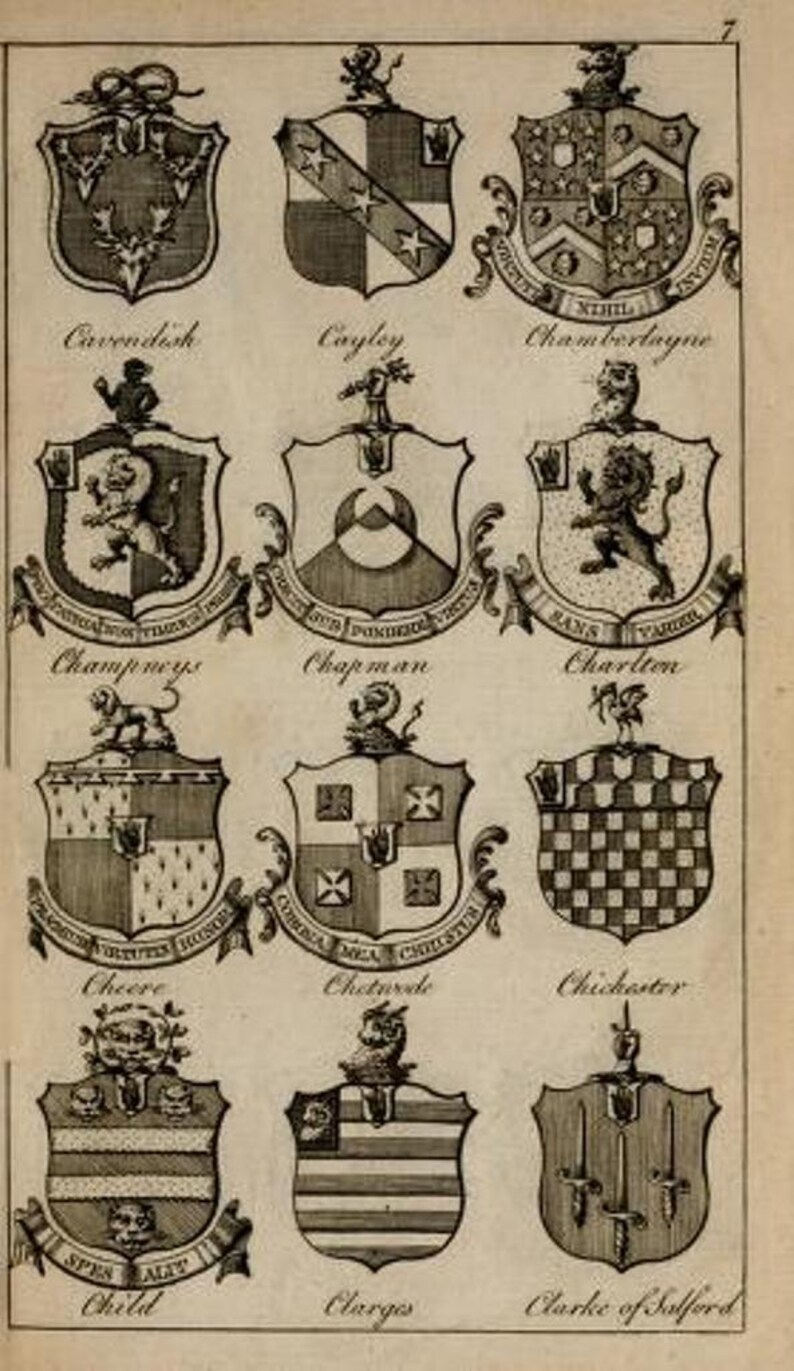 May include: A black and white historical print featuring twelve distinct heraldic coats of arms arranged in a grid. Each shield displays unique symbols, including lions, stars, and swords, with names like Cavendish, Cayley, and Chamberlayne printed below.