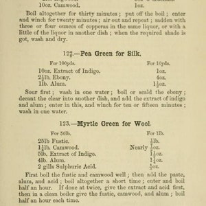May include: A page from a book titled "The Dyer's Handbook" with instructions for dyeing silk and wool in various shades of green. The page includes recipes for Olive Green for Silk, Pea Green for Silk, Myrtle Green for Wool, and Olive Green on Wool. The recipes list the ingredients and quantities needed for each color, as well as the steps involved in the dyeing process.