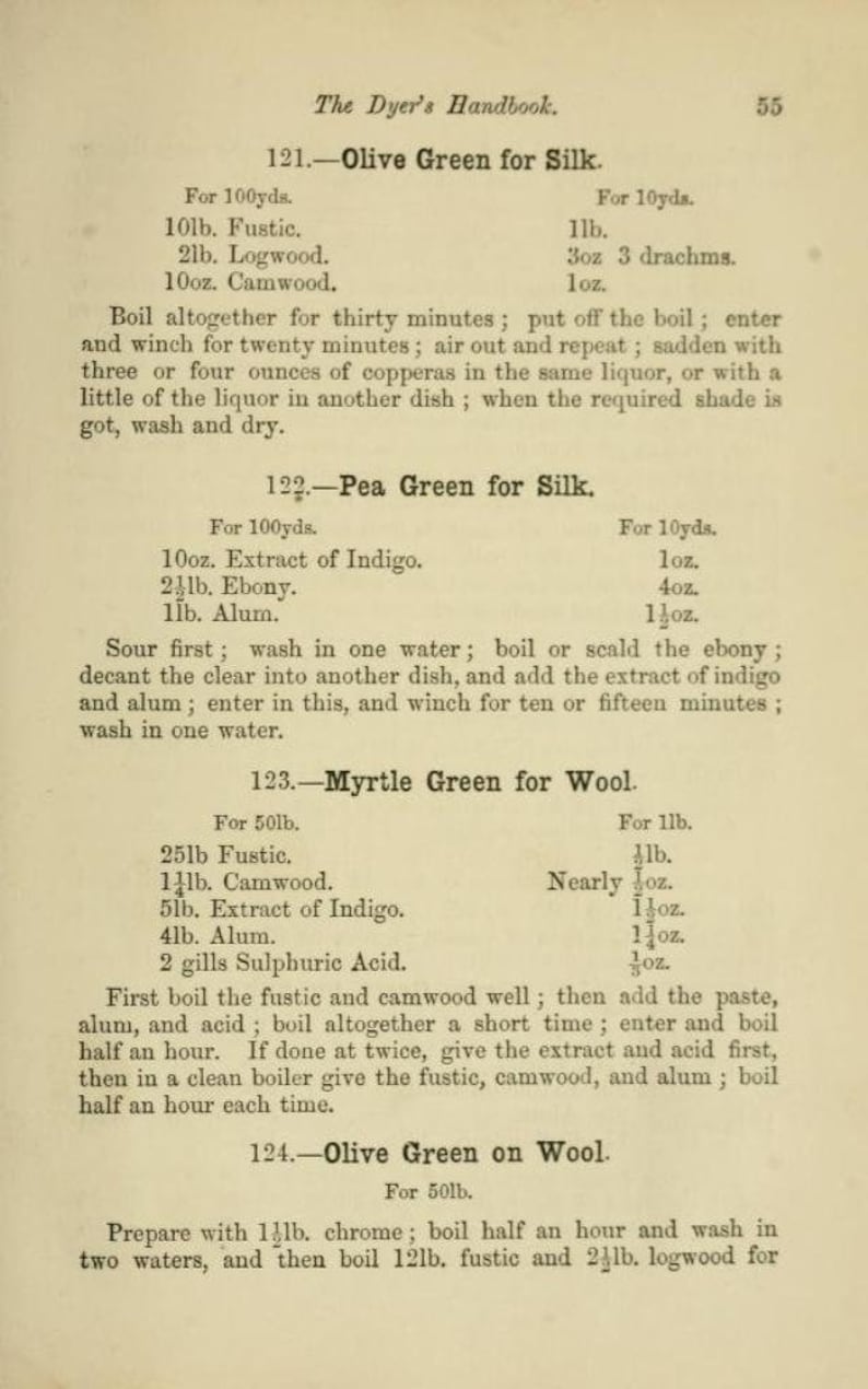 May include: A page from a book titled "The Dyer's Handbook" with instructions for dyeing silk and wool in various shades of green. The page includes recipes for Olive Green for Silk, Pea Green for Silk, Myrtle Green for Wool, and Olive Green on Wool. The recipes list the ingredients and quantities needed for each color, as well as the steps involved in the dyeing process.