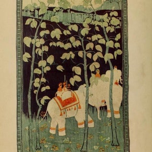 May include: A batik wall hanging with a dark background featuring two white elephants with riders in a forest setting. The elephants are surrounded by green trees and foliage. The artwork is framed with a decorative border.