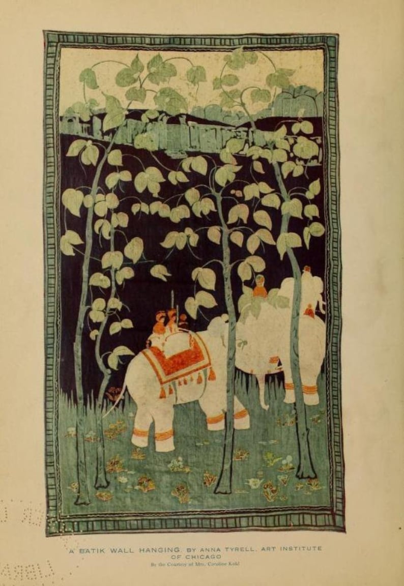 May include: A batik wall hanging with a dark background featuring two white elephants with riders in a forest setting. The elephants are surrounded by green trees and foliage. The artwork is framed with a decorative border.