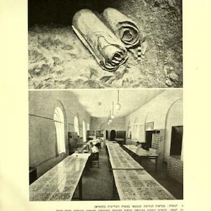 May include: A black and white composite image showing two ancient rolled scrolls resting in a dark, rocky cave environment in the top panel, and a long, brightly lit library room with researchers working at tables displaying flat, unrolled scrolls below.