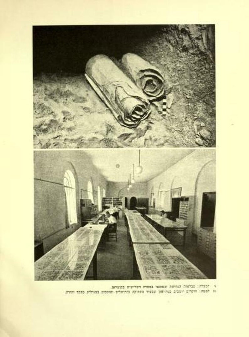 May include: A black and white composite image showing two ancient rolled scrolls resting in a dark, rocky cave environment in the top panel, and a long, brightly lit library room with researchers working at tables displaying flat, unrolled scrolls below.