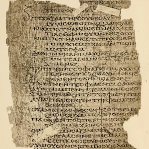 May include: A fragment of ancient papyrus featuring weathered, light brown fibers and dark, hand-written Coptic text arranged in multiple horizontal lines. The edges of the document are irregular, frayed, and torn, showing signs of significant age.