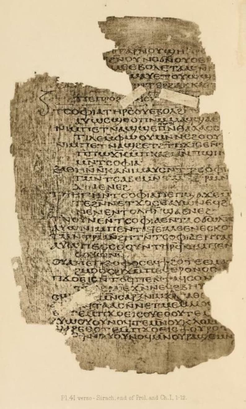 May include: A fragment of ancient papyrus featuring weathered, light brown fibers and dark, hand-written Coptic text arranged in multiple horizontal lines. The edges of the document are irregular, frayed, and torn, showing signs of significant age.