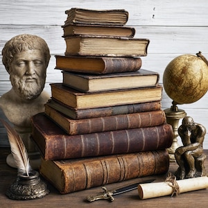 May include: A stack of ten antique leather-bound books sits beside a stone bust of a bearded man, a bronze globe, a bronze inkwell with a feather quill, a metal letter opener, and a rolled parchment scroll tied with twine on a wooden surface.