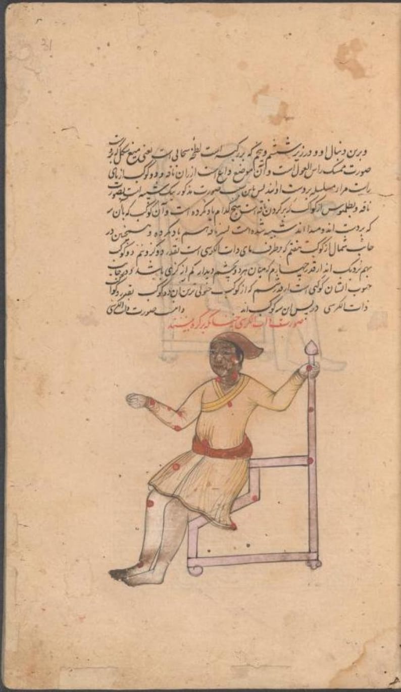 May include: An antique manuscript page featuring Persian calligraphy in black ink above a hand-painted illustration of a figure wearing a tan tunic and a red cap, seated on a simple chair, with red dots marking points on the body and the chair frame.
