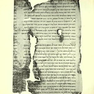 May include: An ancient, weathered parchment scroll fragment featuring dense, dark Hebrew text written in columns. The edges are frayed, torn, and uneven, with a small circular hole near the center and visible signs of aging and discoloration.