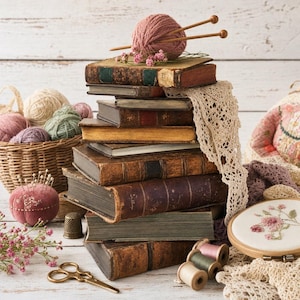 Könnte beinhalten: Ein Stapel antiker Bücher, gekrönt von einem altrosa Wollknäuel und Holzstricknadeln. Daneben stehen ein Weidenkorb mit Wolle, ein rosafarbenes Samt-Nadelkissen, ein Metallfingerhut, eine kleine Schere, Stickrahmen und Spitzenstoff.
