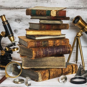Könnte beinhalten: Ein Stapel antiker ledergebundener Bücher steht in der Mitte, flankiert von einem schwarzen Metallmikroskop links und einem Messingteleskop auf einem Stativ rechts. Eine Lupe, Glasprismen und eine kreisförmige Linse sind im Vordergrund angeordnet.