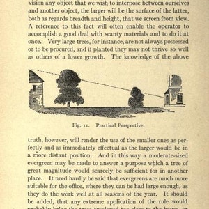 May include: A black and white illustration of a house with a tree in front of it. The illustration shows the concept of perspective in landscape gardening. The text "Fig. 11. Practical Perspective." is included in the image.