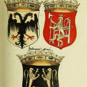 May include: An illustration featuring three heraldic shields with crowns. The top left shield is white with a black double-headed eagle. The top right is red with a lion holding an axe on a throne. The bottom shield is black with two gold lions.